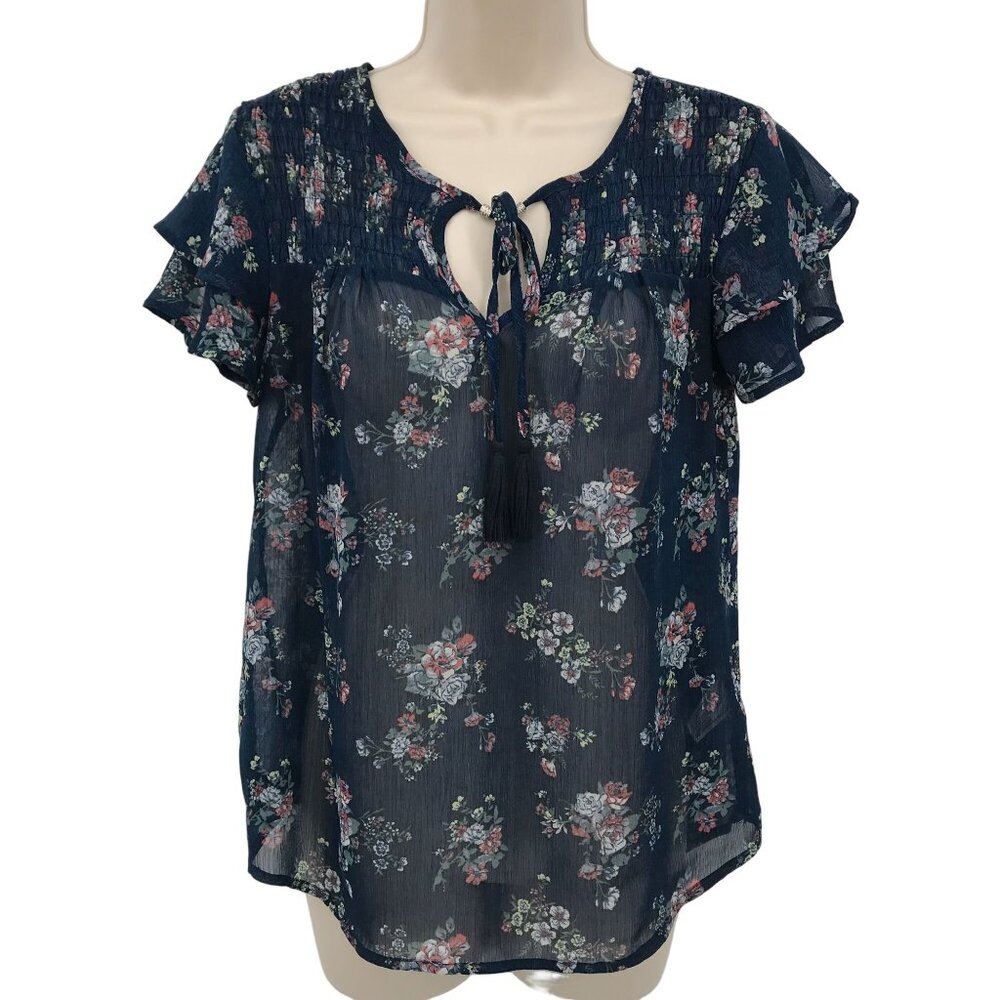 Knox Rose Womens Blue Chiffon Floral Short Flutter Sleeve Blouse size XS